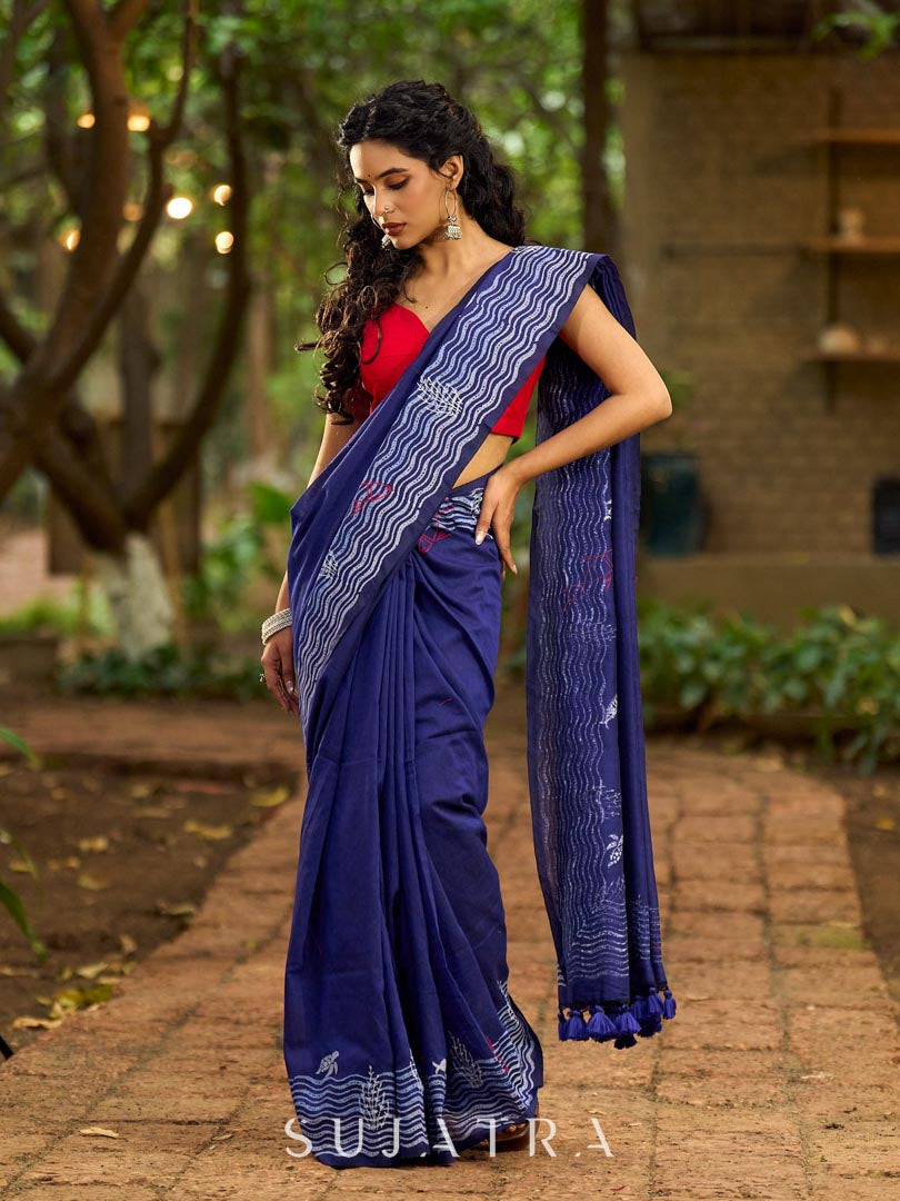 Vibrant Royal Blue Hand Block Printed Cotton Saree