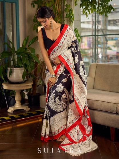 Graceful Black & White Kalamkari Pure Silk Saree with Bold Red Contrast Border