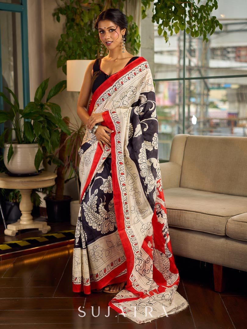 Classic Black & White Kalamkari Pure Silk Saree with Bold Red Contrast Border