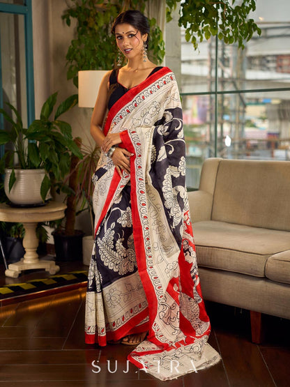 Classic Black & White Kalamkari Pure Silk Saree with Bold Red Contrast Border