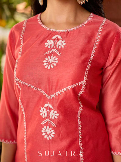 Minimal Coral Chanderi Kurta with Detailed Chikankari Embroidery & Soft Finish