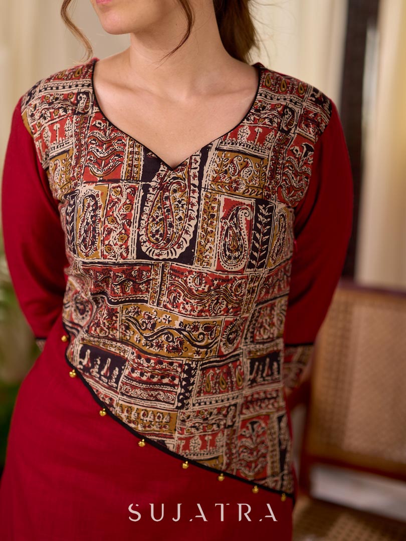 Deep Maroon Cotton Kurta with Asymmetric Kalamkari Print Yoke and Cuff Detail