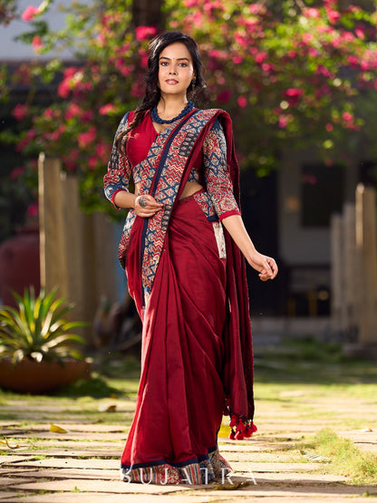 Classy Maroon Cotton Saree with Vibrant Ajrakh Kantha Patchwork Border