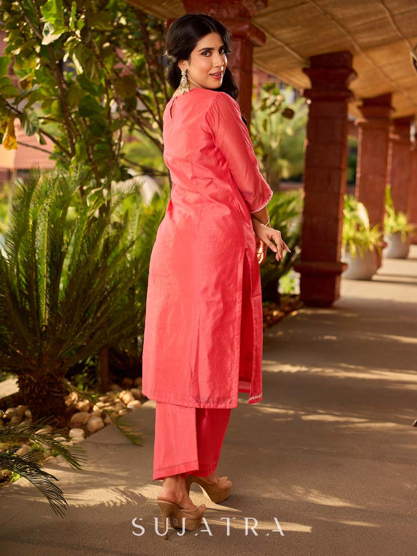 Minimal Coral Chanderi Kurta with Detailed Chikankari Embroidery & Soft Finish