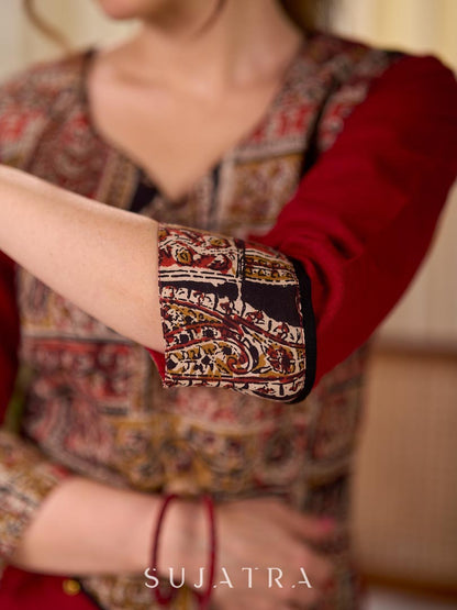 Deep Maroon Cotton Kurta with Asymmetric Kalamkari Print Yoke and Cuff Detail