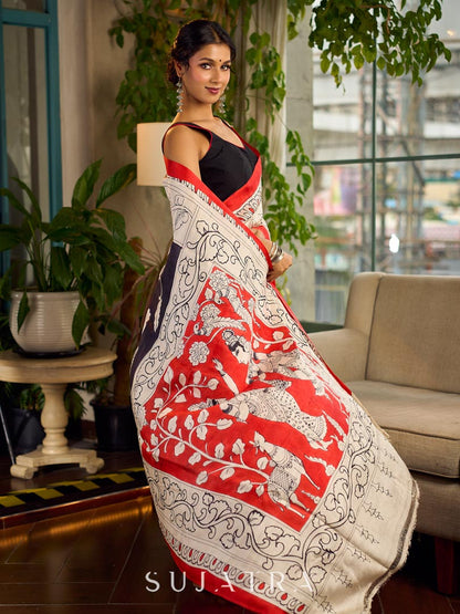 Classic Black & White Kalamkari Pure Silk Saree with Bold Red Contrast Border