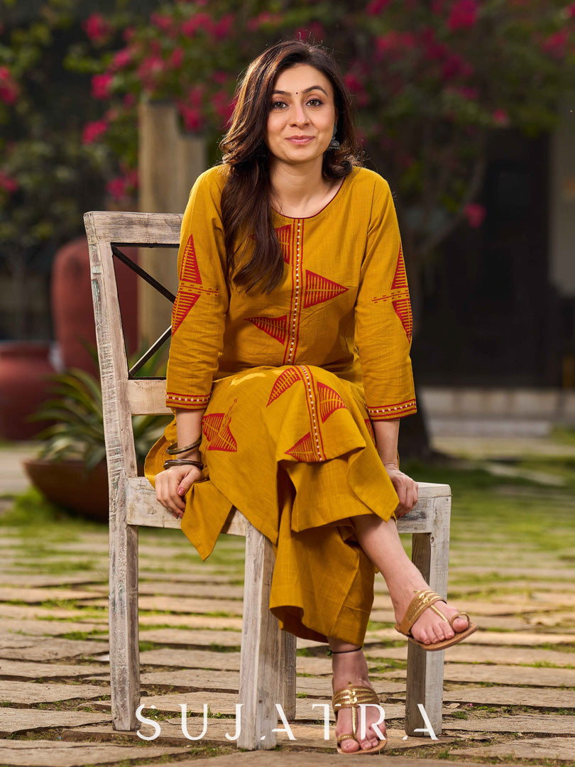 Mustard Cotton Kurta With Hand Block Printed Geometric Motifs & Border Detailing