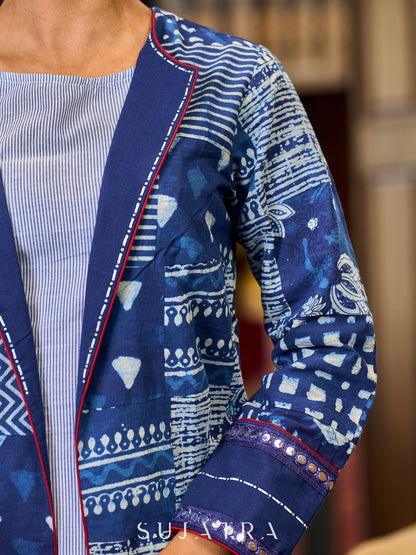 Indigo Patchwork Jacket With Hand Painted Collar And Cuffs Accentuated With Mirror Lace Highlights - Dress Optional
