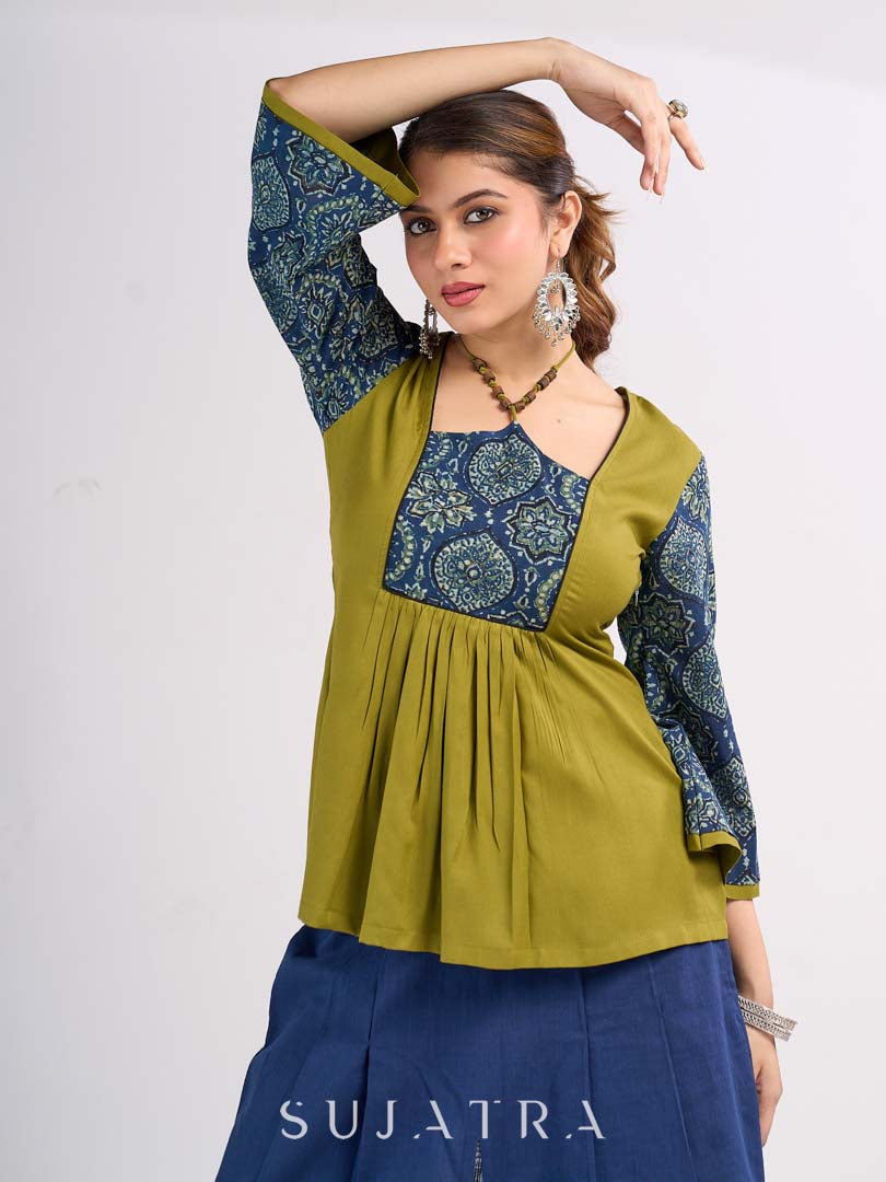 Olive Rayon Designer Top with Ajrakh Yoke and Statement Neckpiece-Tie Up Drawstring