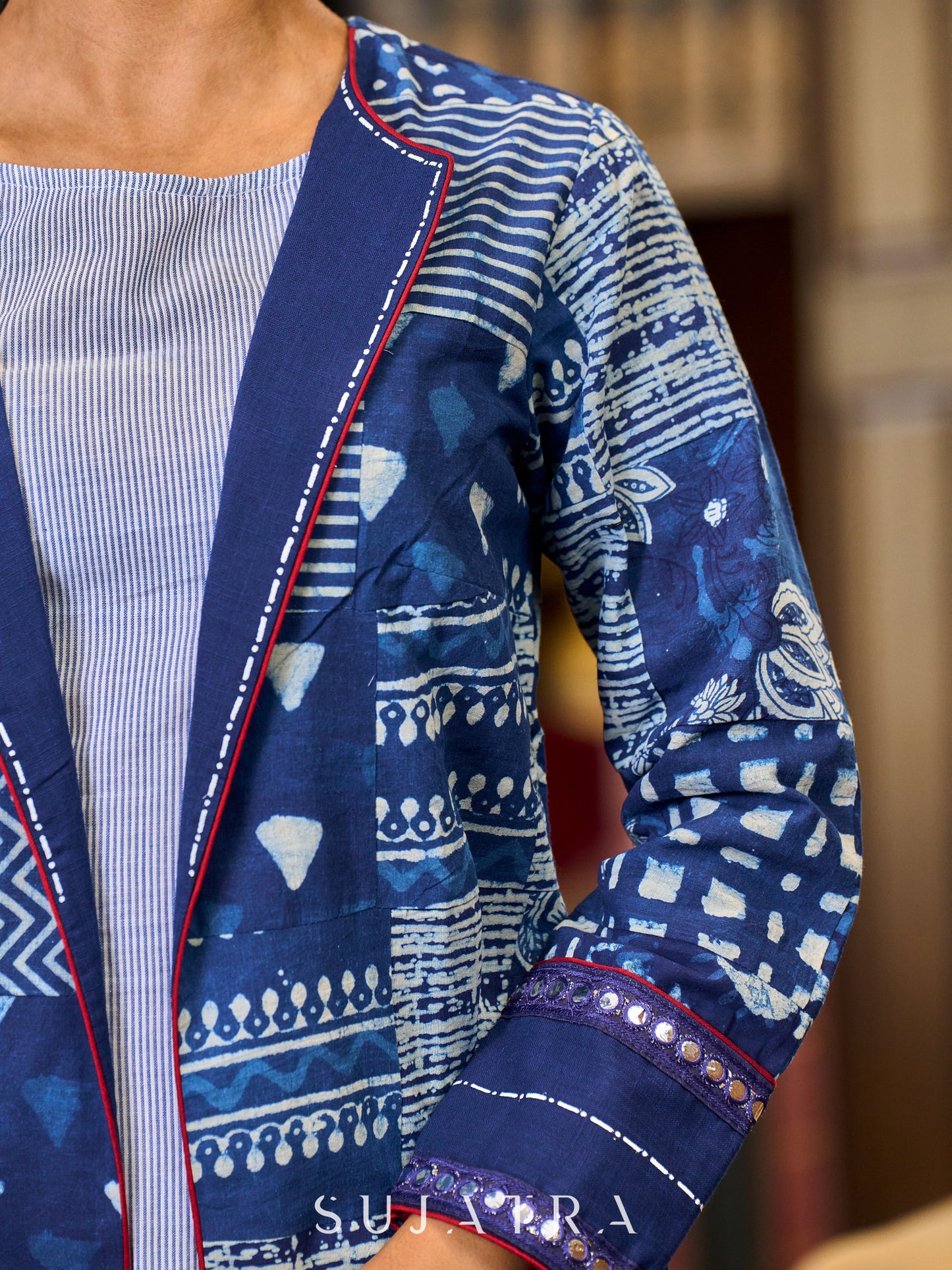 Artisanal Indigo Cotton Patchwork Jacket Enhanced with Mirror Lace and Handcrafted Painted Collar and Cuffs