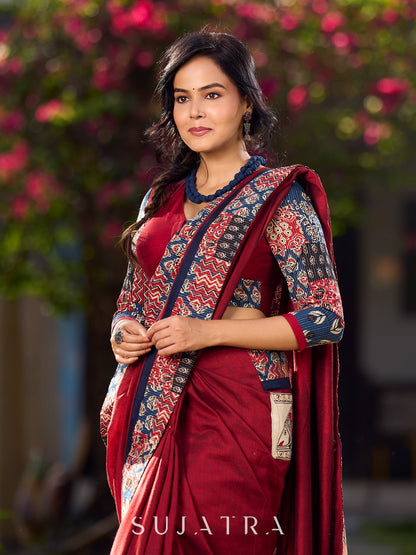 Elegant Maroon Cotton Silk & Ajrakh Kantha Patchwork Blouse