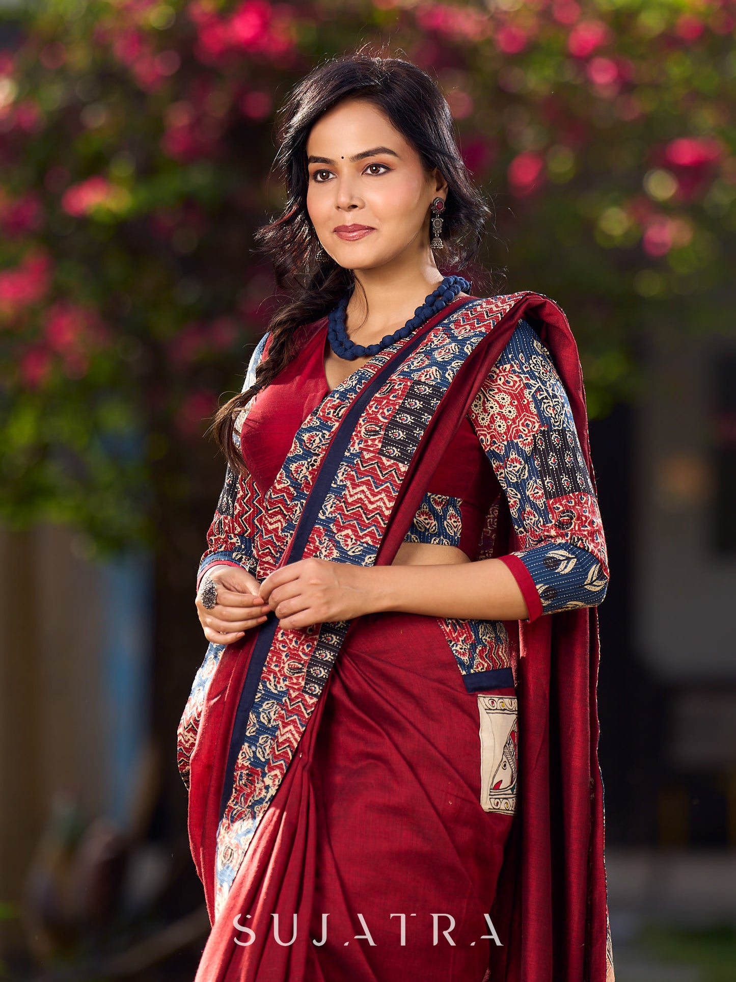 Classy Maroon Cotton Saree with Vibrant Ajrakh Kantha Patchwork Border