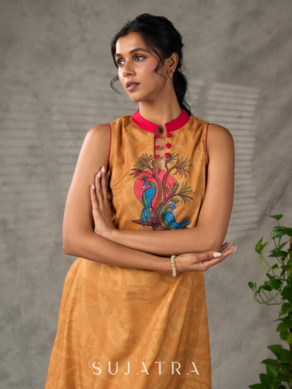 Mustard Gond printed mandarin collar dress with vibrant pink accents.