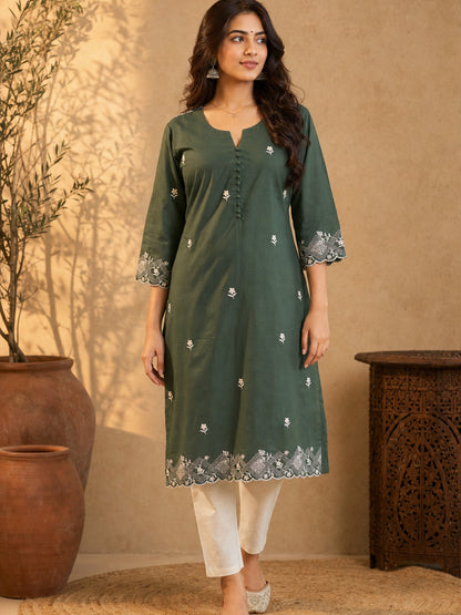 Sage Green Chanderi Kurta with Self Embroidered Hem & Sleeves