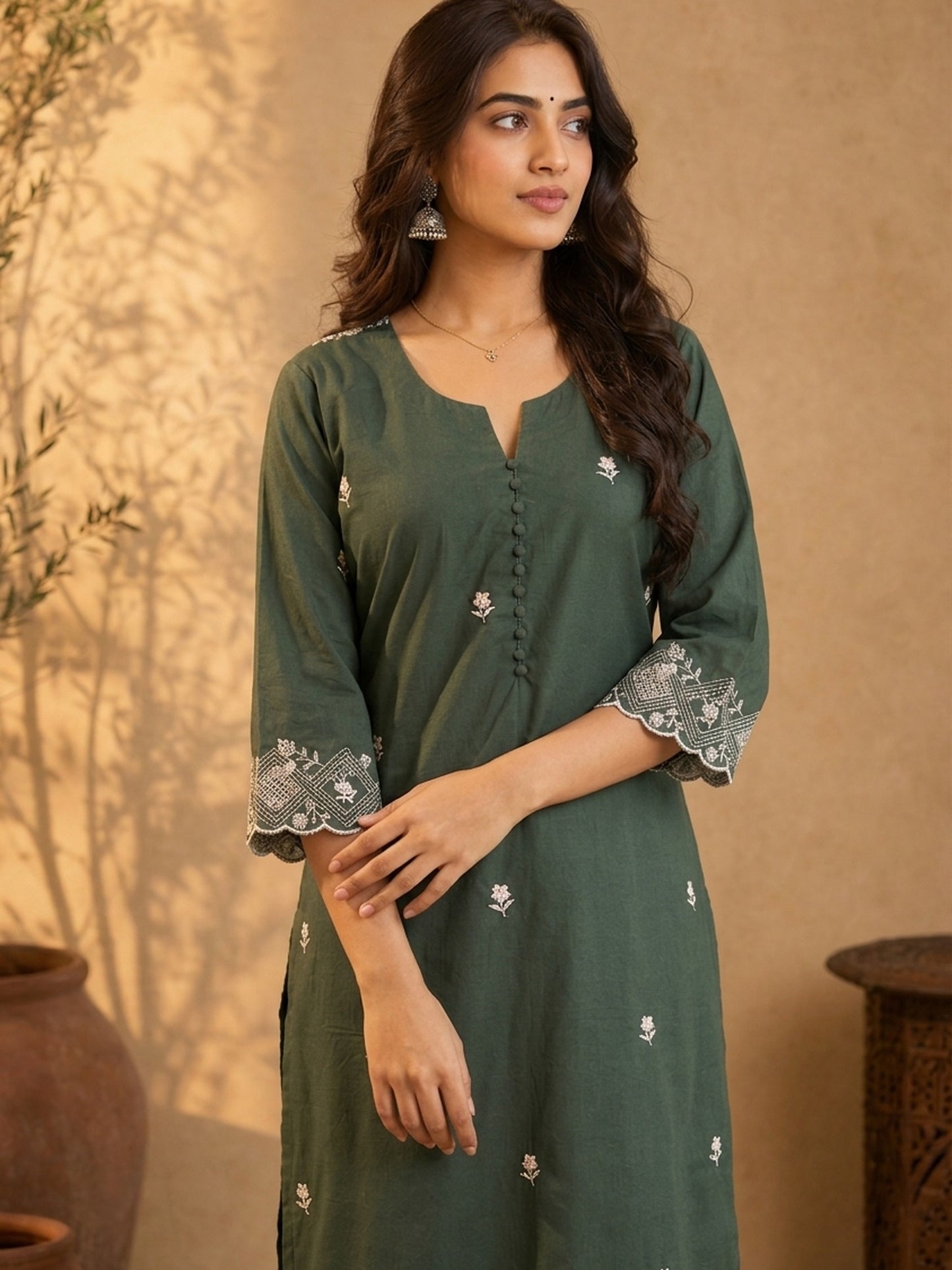 Sage Green Chanderi Kurta with Self Embroidered Hem & Sleeves