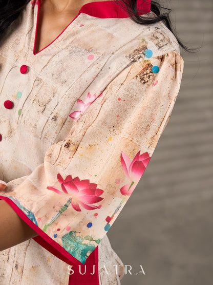 Pichwai-inspired off white lotus print dress with pink accents.