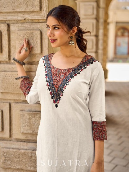 Heritage Ivory Cotton Flex Kurta with Ajrakh Printed Yoke & Intricate Hand Embroidery