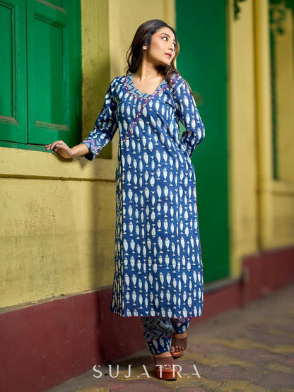 Deep Indigo Kurta with Playful Fish Print, Sculpted Neckline and Magenta Embroidery Accents