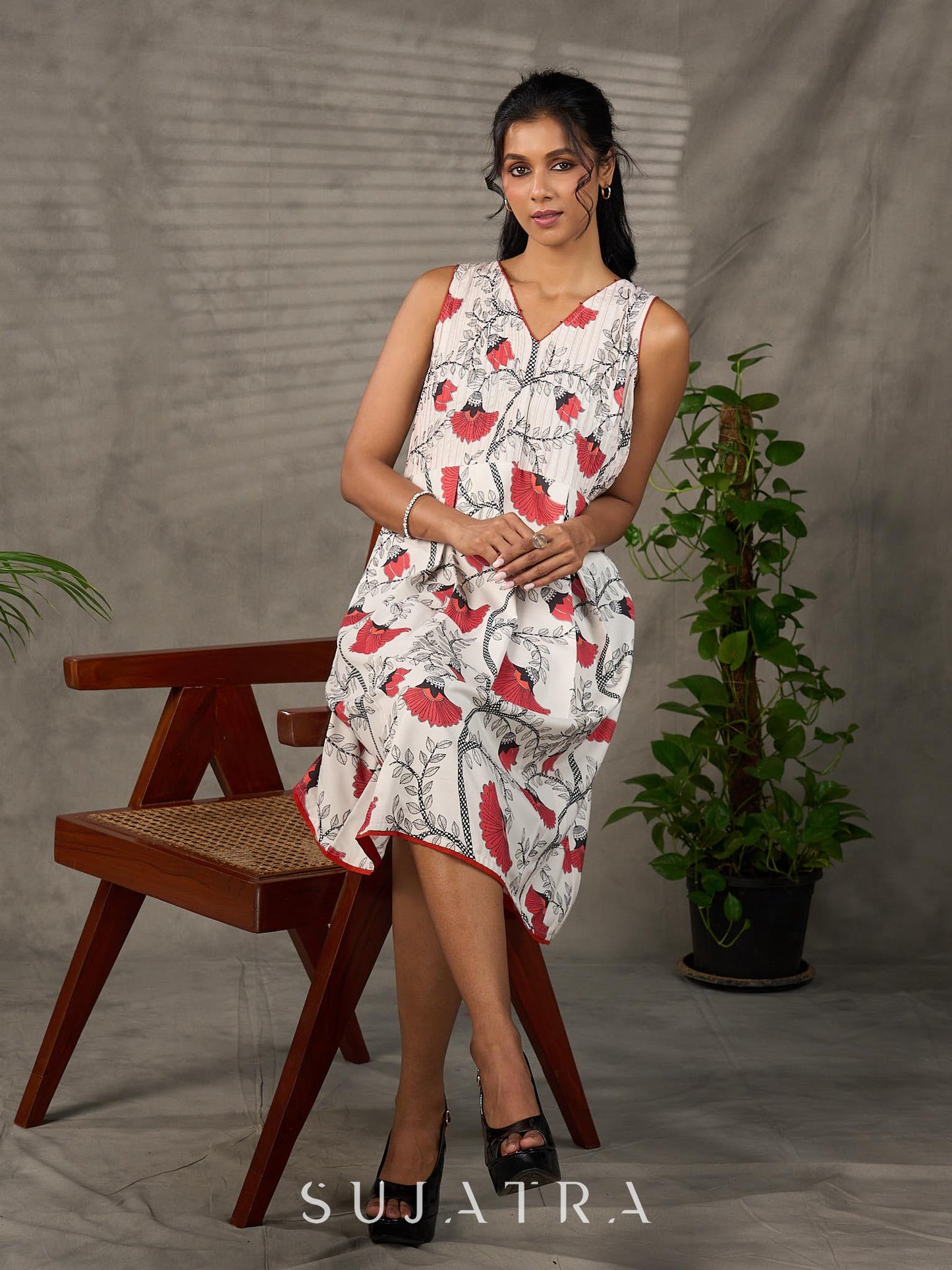 White and orange Kalamkari printed dress with elegant pintuck detailing