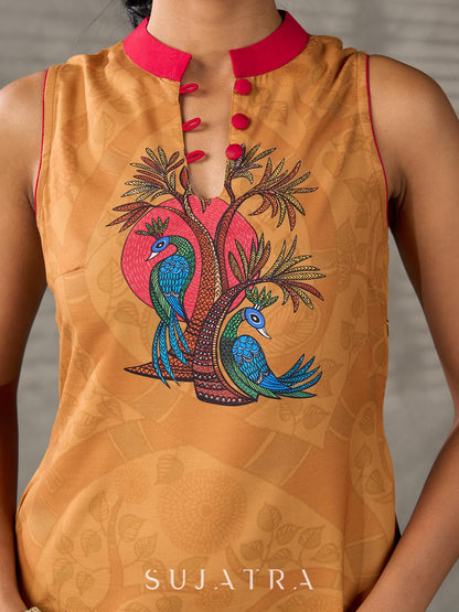 Mustard Gond printed mandarin collar dress with vibrant pink accents.