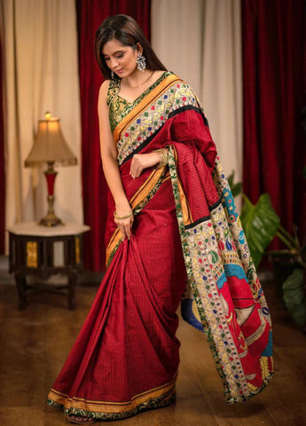 Maroon khun saree with exclusive hand painted madhubani pallu and border