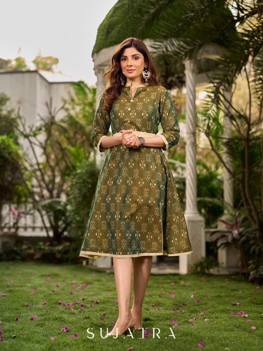 Statement olive green two-tone Ikat dress elevated with cream and gold accents, a structured belt for definition, and a subtle left-front slit.