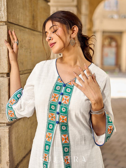 Timeless White Cotton Kurta with Hand Painted Madhubani Motifs on Front & Sleeves