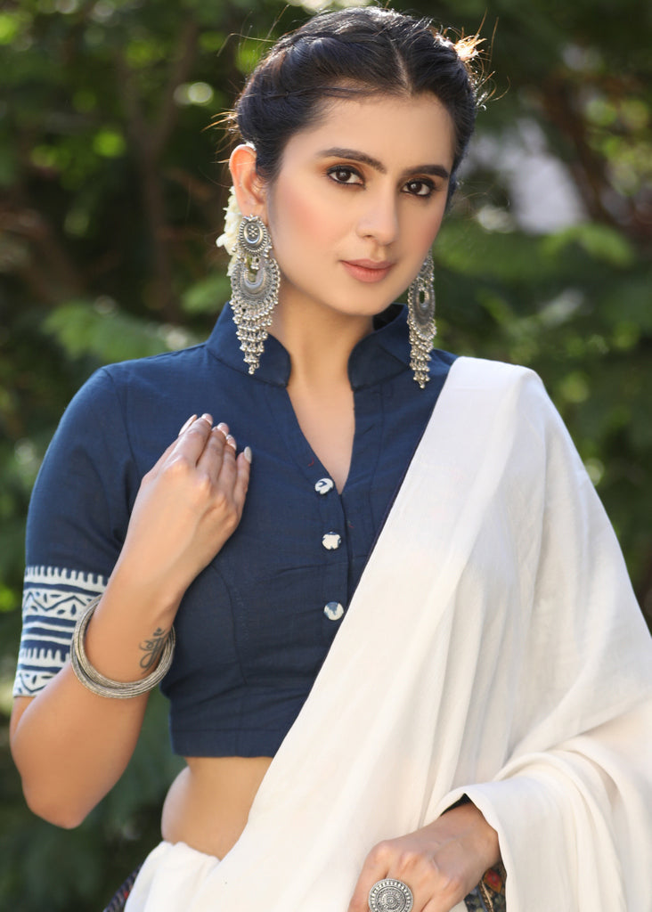 Blue Cotton Slub Blouse with Mandarin Collar and Indigo Border - Optional Plain Saree