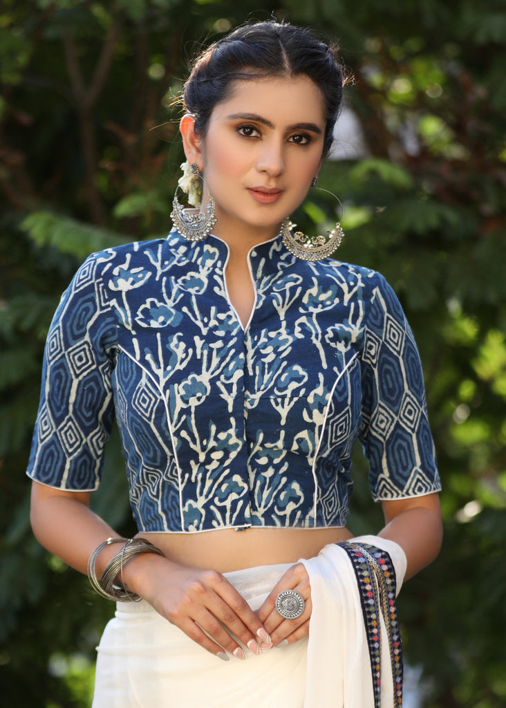 Elegant Floral Combination Indigo Collar Blouse