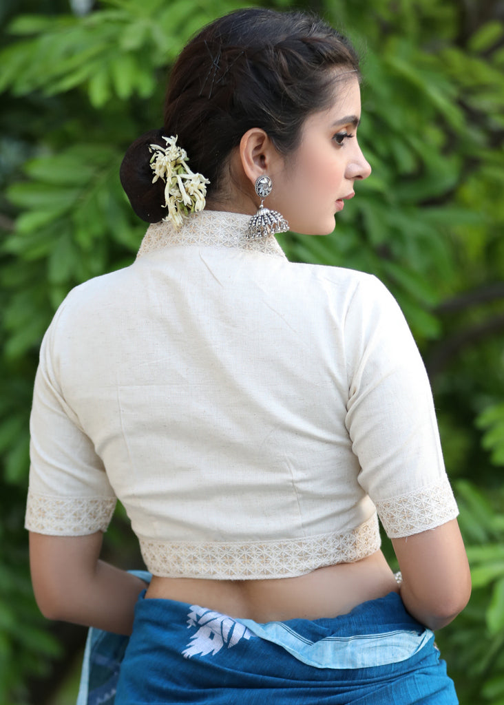 Smart Cream Cotton Collared Blouse Highlighted with Beautiful Lace Detailing and Golden Buttons