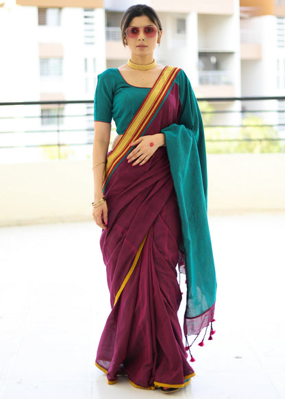 Lustrous imperial purple Cotton saree with green Khun pallu