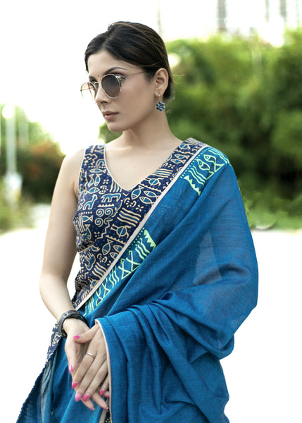 Classy royal blue Cotton saree with animal print border and fish painted motif