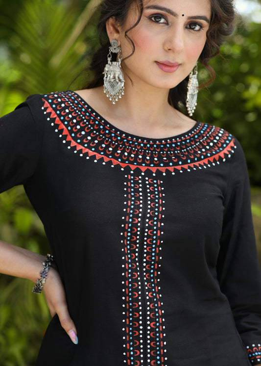 Exclusive Straight Cut Black Cotton Silk Hand Painted Kurta - Cotton Silk Pant Optional