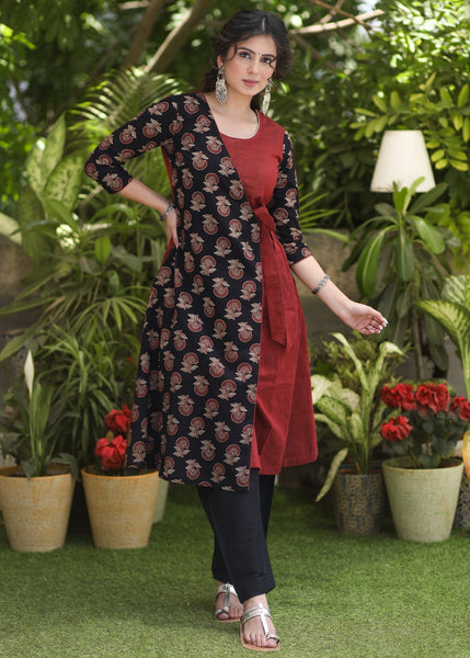 Trendy Cotton Ajrakh Combination Overlap Kurta- Pant Optional