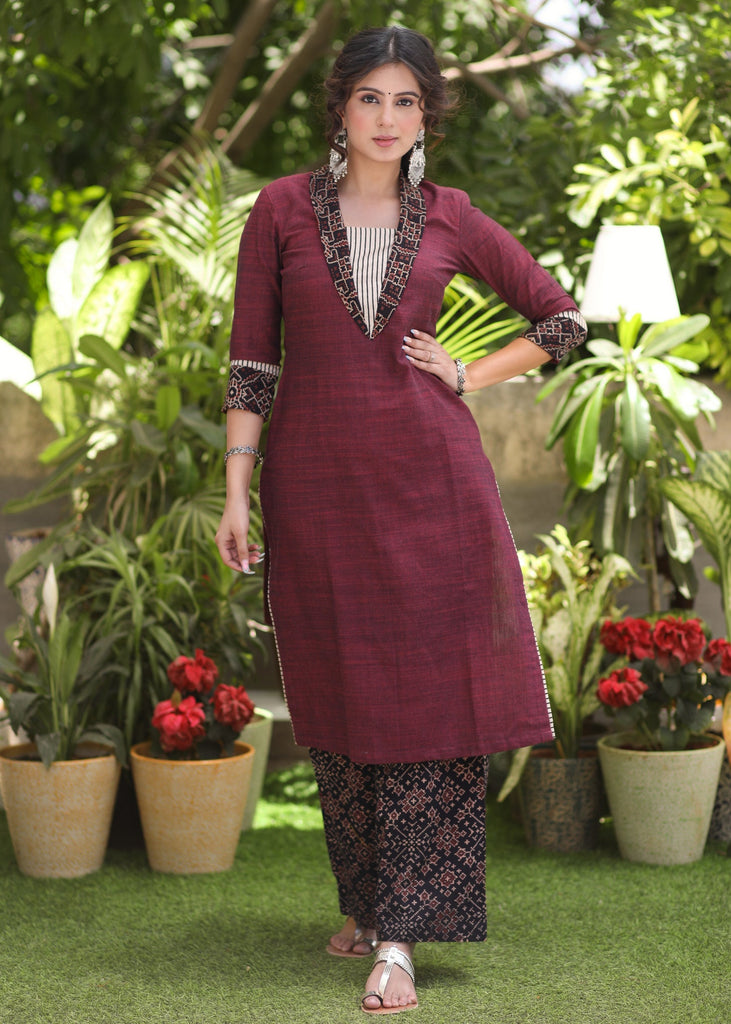 Classy Pure Cotton Ajrakh Combination Kurta - Pant Optional