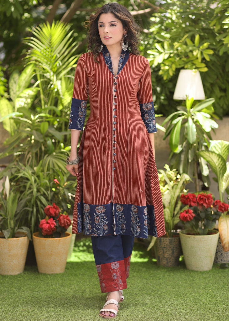 Exclusive Maroon Cotton Ajrakh A-Line Kurta - Pant Optional