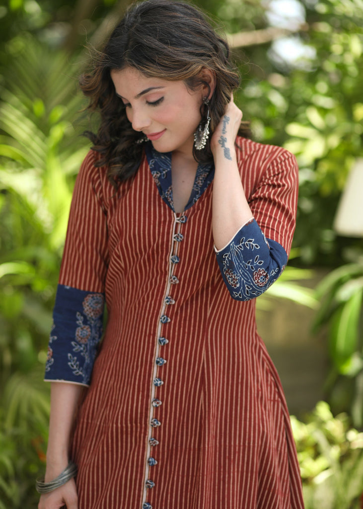 Exclusive Maroon Cotton Ajrakh A-Line Kurta - Pant Optional