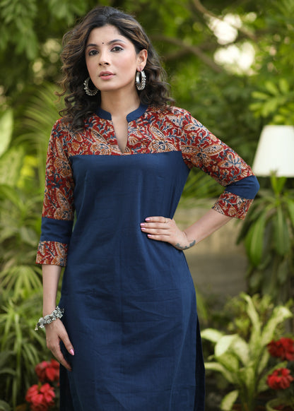 Dussehra Sale — Smart Navy Blue Cotton Kurti with Kalamkari Yoke and Sleeves - Pant Optional