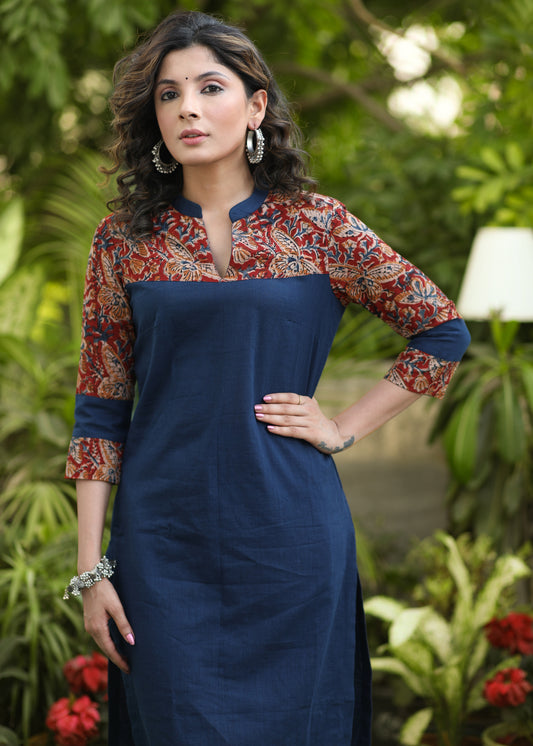 Dussehra Sale — Smart Navy Blue Cotton Kurti with Kalamkari Yoke and Sleeves - Pant Optional