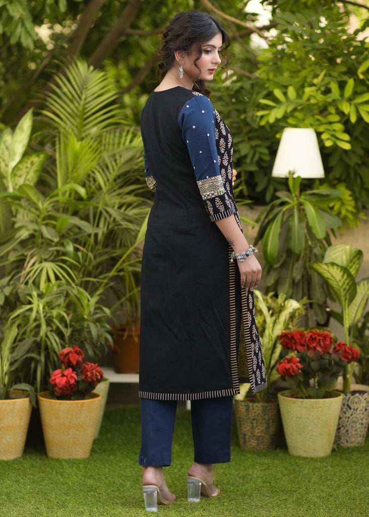 Elegant Cotton Indigo & Ajrakh Mix Cotton Hand Mirror Work Kurta - Pant Optional