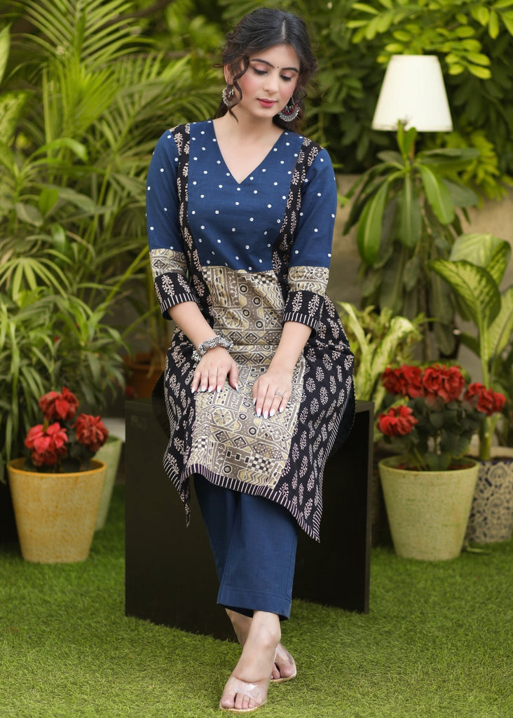 Elegant Cotton Indigo & Ajrakh Mix Cotton Hand Mirror Work Kurta - Pant Optional