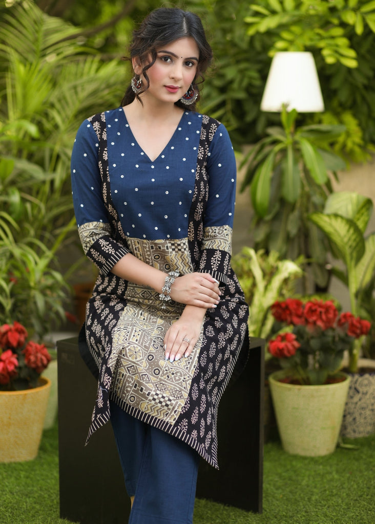 Elegant Cotton Indigo & Ajrakh Mix Cotton Hand Mirror Work Kurta - Pant Optional