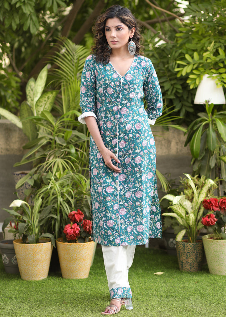 Classy Cotton Teal Floral Print Straight Cut Kurti - Pant Optional