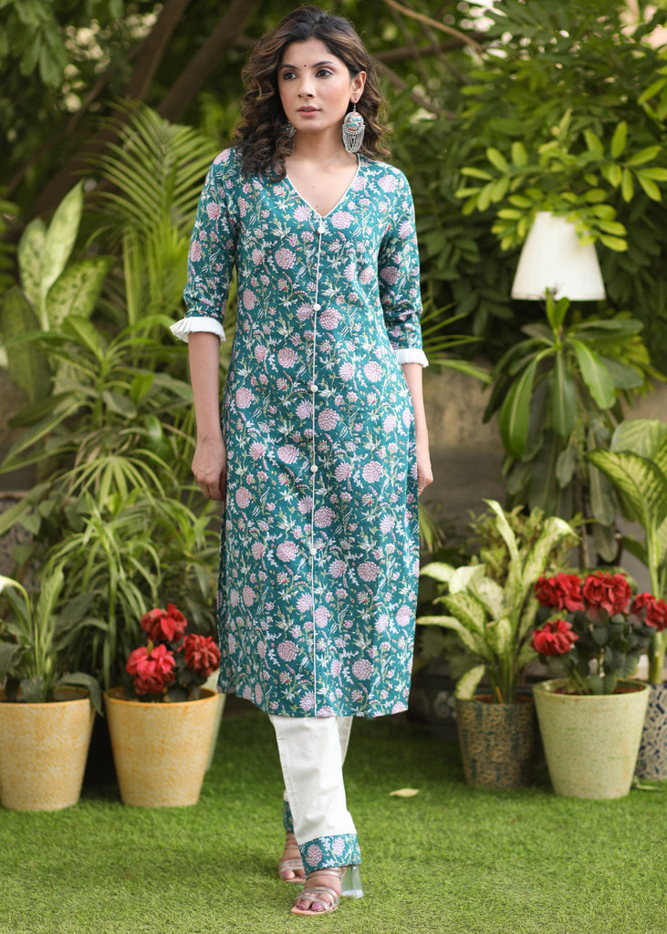 Classy Cotton Teal Floral Print Straight Cut Kurti - Pant Optional