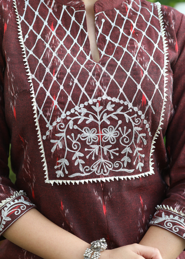 Exclusive Cotton Maroon Ikat Embroidered Kurti - Pant Optional