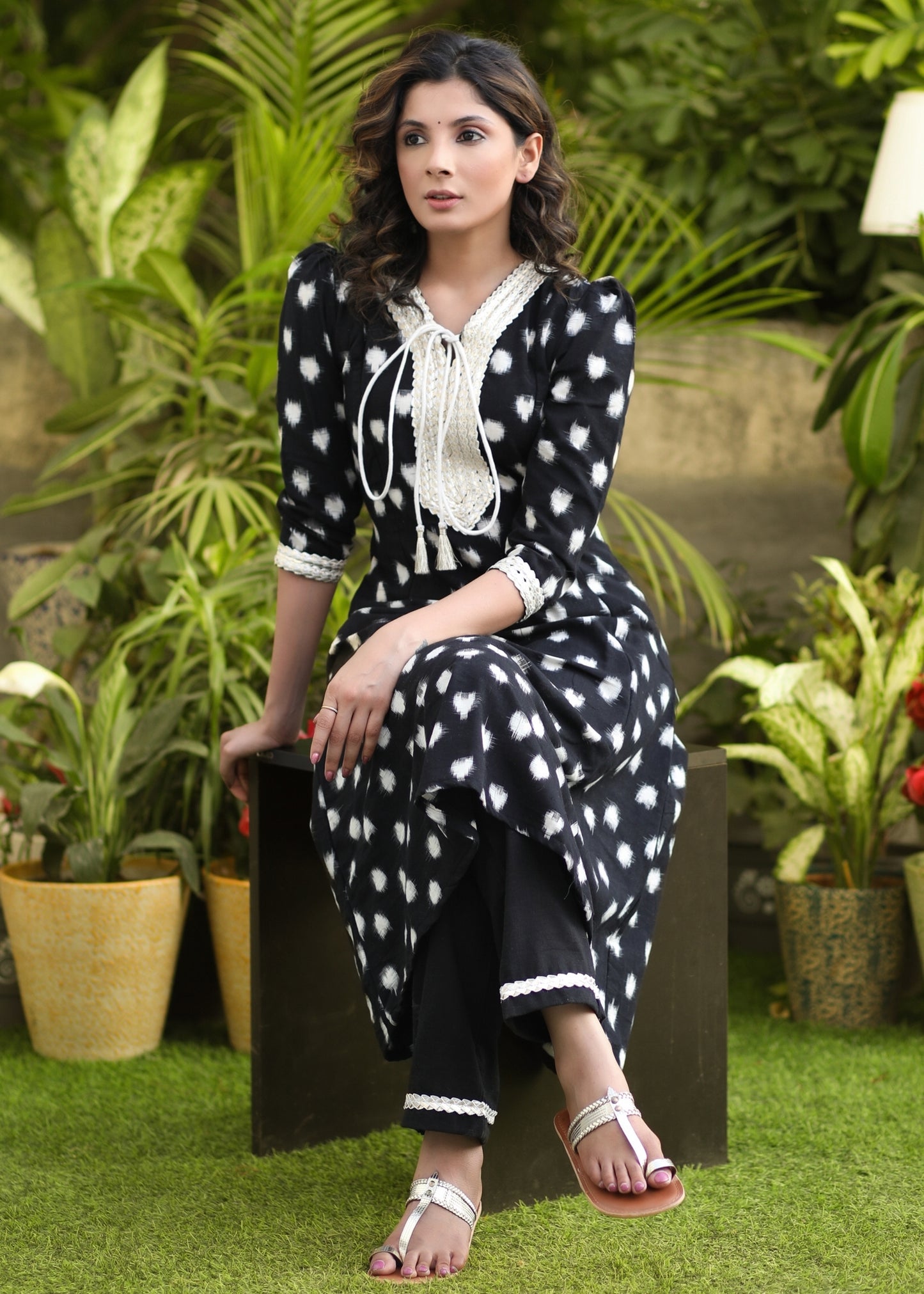 Black pure double Ikat White Dot Kurta with Beautiful Lace on Yoke and Sleeves - Pant Optional