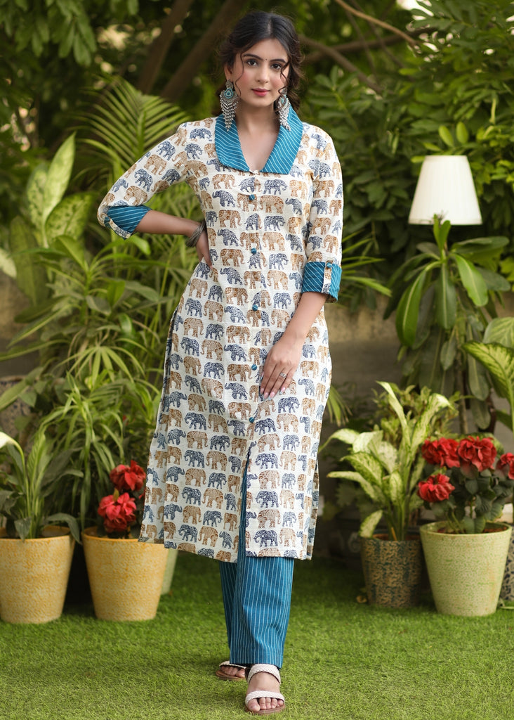 Trendy Cotton Printed Kurta with Contrast Collared Neck - Pant Optional