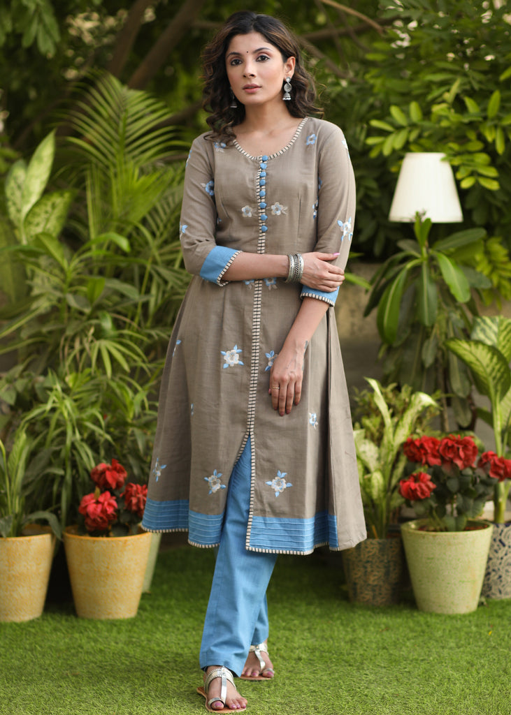 Classy Cotton Beige Embroidered A-Line Kurti - Pant Optional