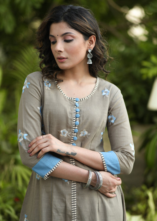 Classy Cotton Beige Embroidered A-Line Kurti - Pant Optional