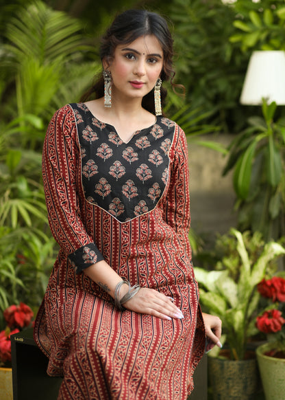 Exclusive Straight Cut Ajrakh Combination Kurti - Pant Optional